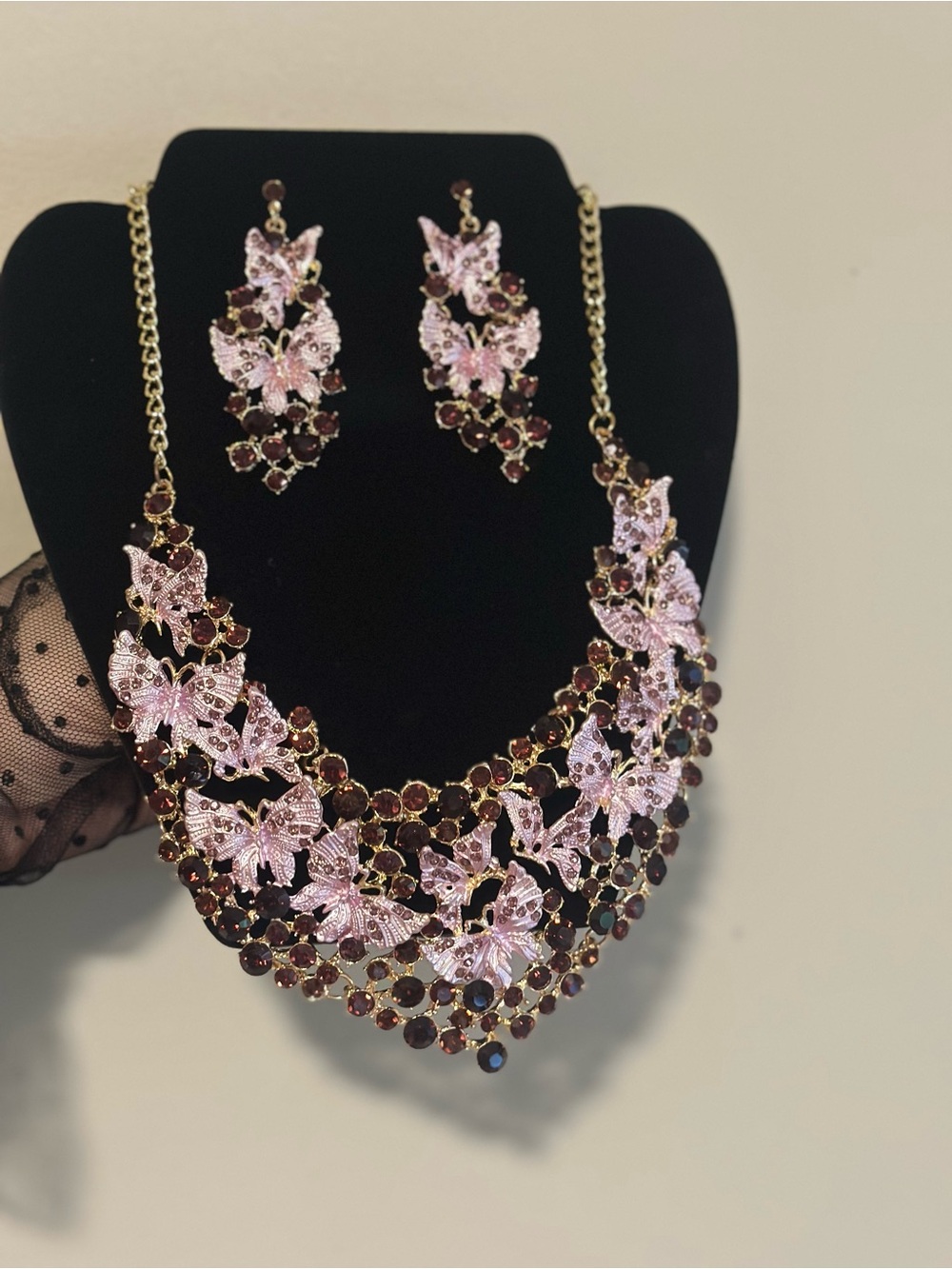 Elegant Pink Butterfly Statement Necklace & Earring Set